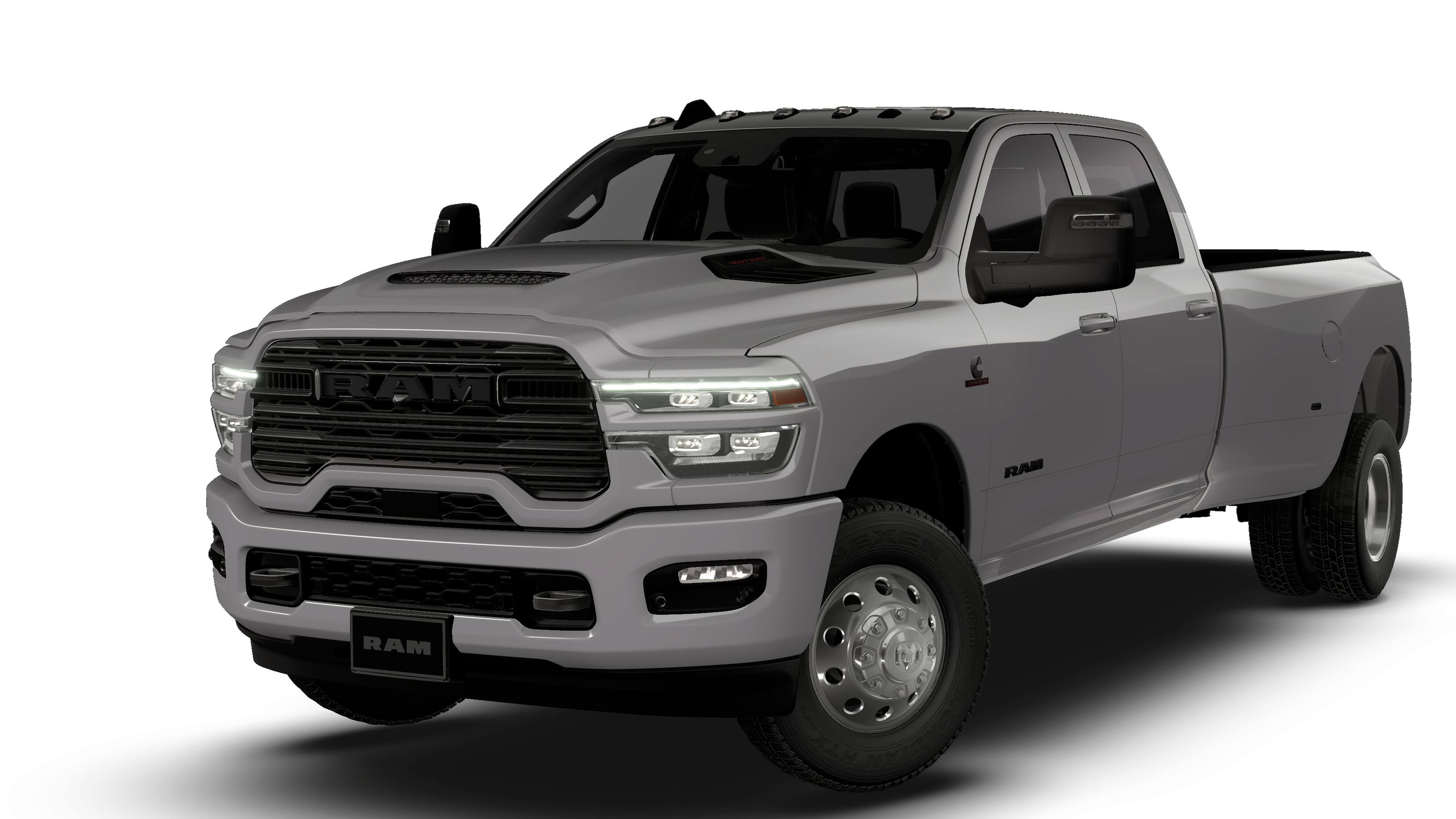 2026 RAM Ram 3500 RAM 3500 LARAMIE CREW CAB 4X4 8' BOX in Ceramic Gray Clear-Coat Exterior Paint — front three-quarter view